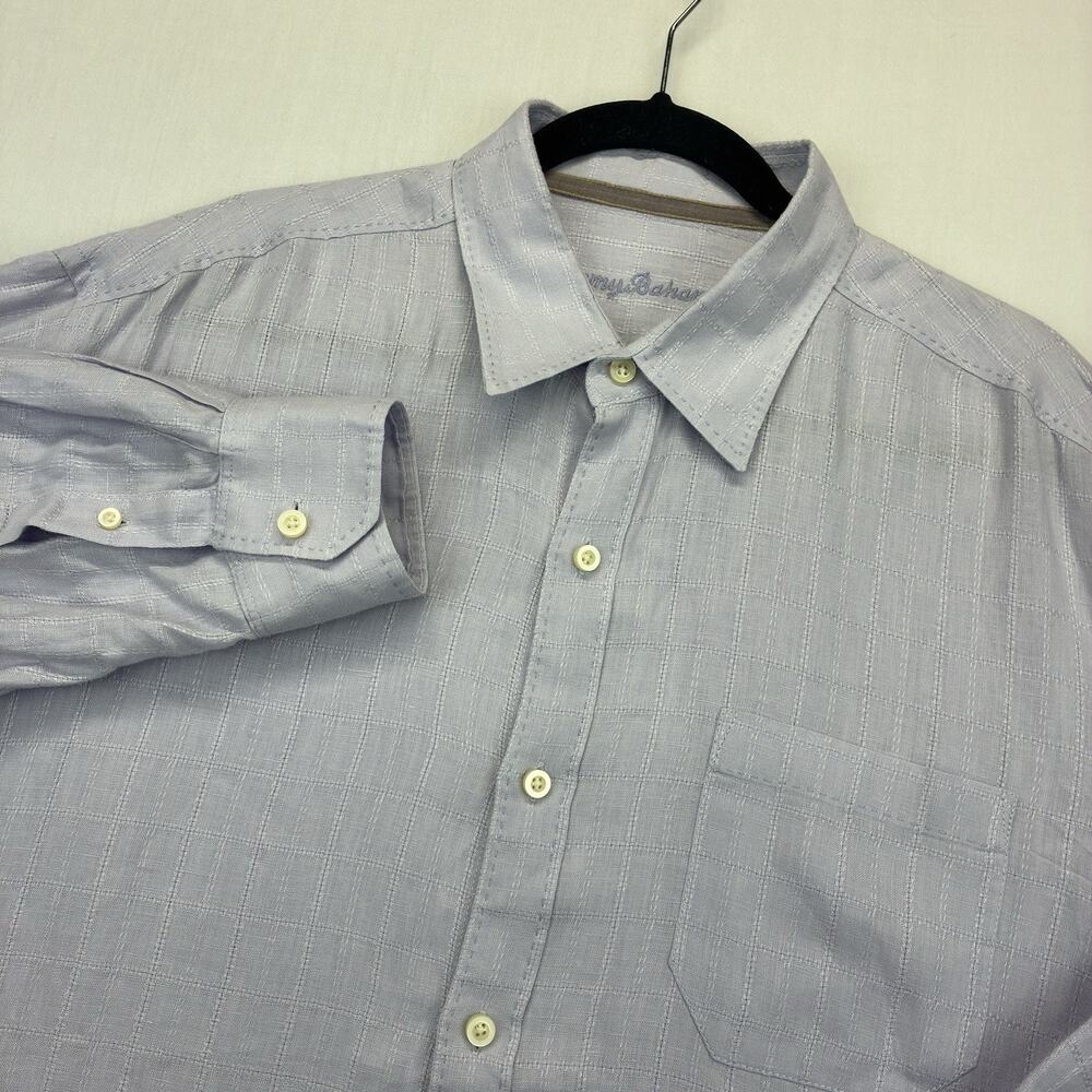 Tommy Bahama Linen Shirt Men’s XL Light Blue Windowpane Plaid Button Up